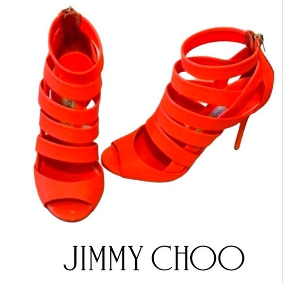 Jimmy Choo Neon Flame Nappa Caged Leather Sandals Heels Size 36.5 US 6.5 - Picture 1 of 16